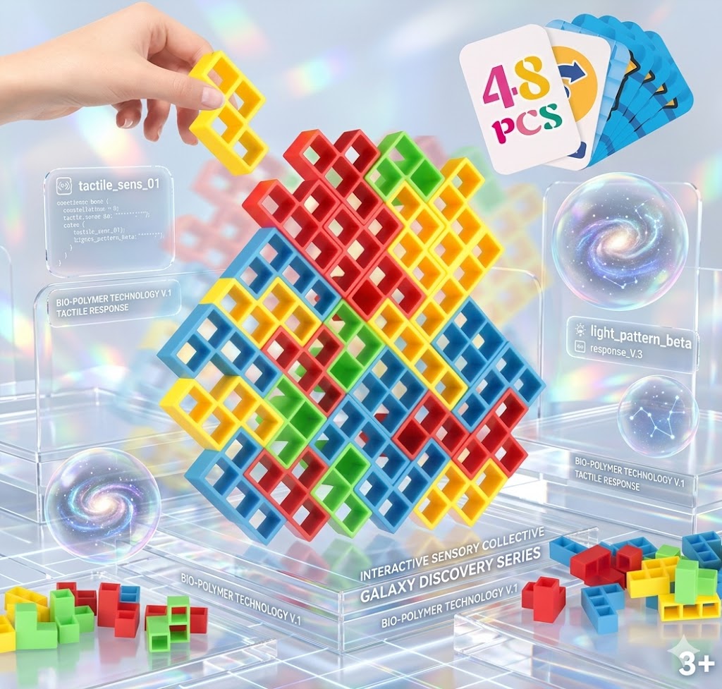 48PCS Tetra Tower Balance Stacking Game - Russian Blocks Building Toys for Kids & Adults - Fun Family Board Game & Multiplayer Party Activity