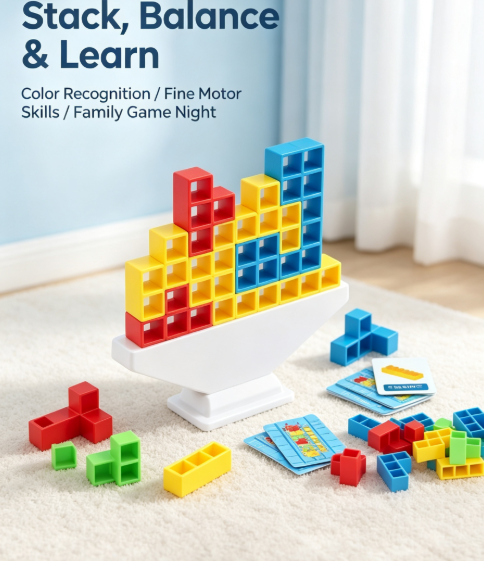 Multiplayer Block Balancing Tower & Puzzle Game - 48-Piece Educational Desktop Toy for Kids and Adults